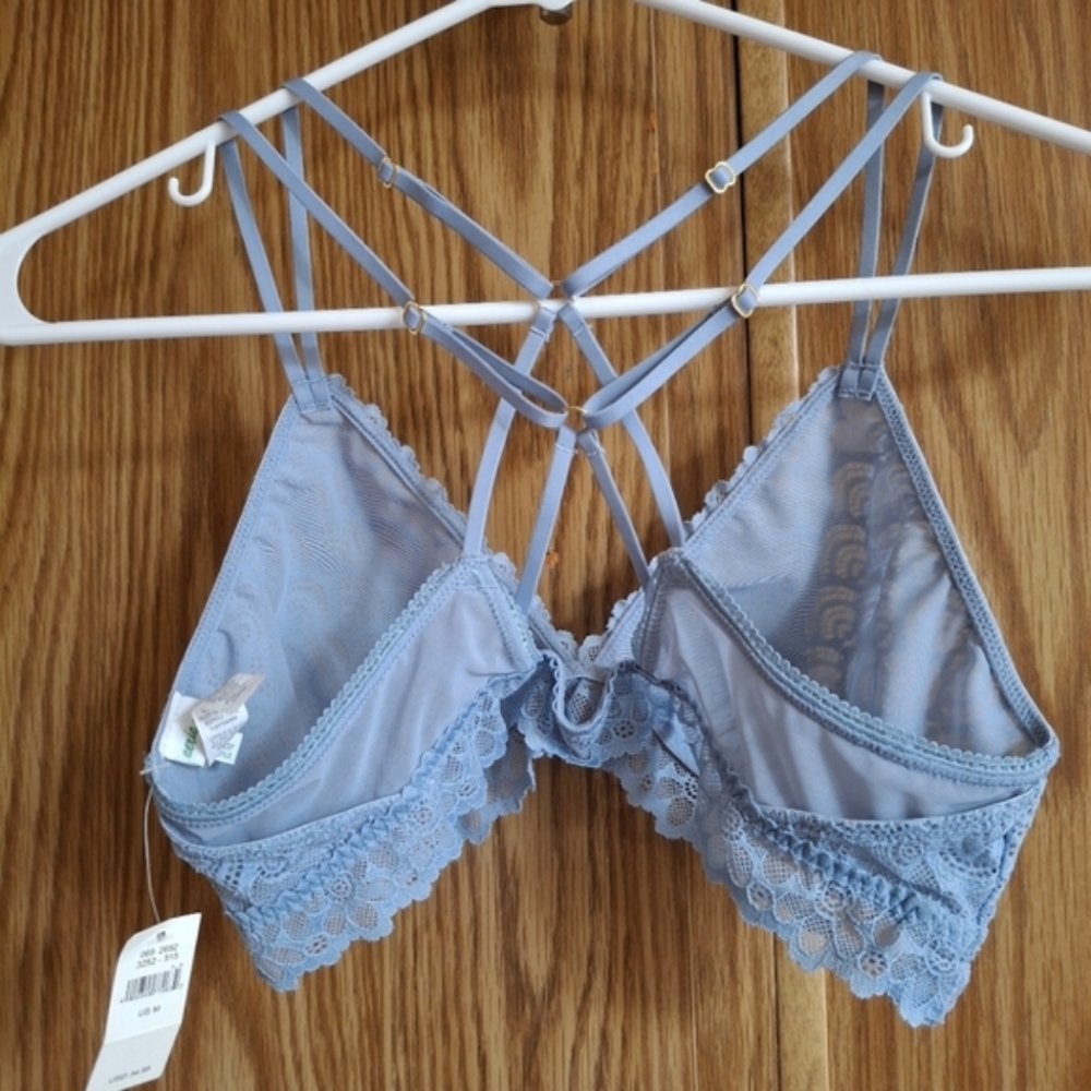NEW aerie | Triangle 4 Strap Strappy Bralette Lace Floral Plunge Bra Blue Gold M - Picture 6 of 14